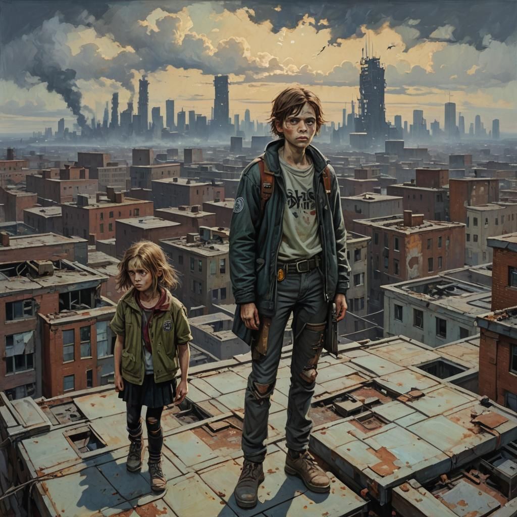 Dystopian Rooftop Scene with Zombies, Oil Painting