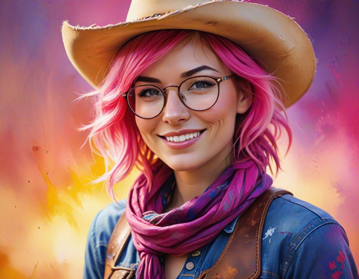 Smiling Cowgirl Portrait in Watercolor Style