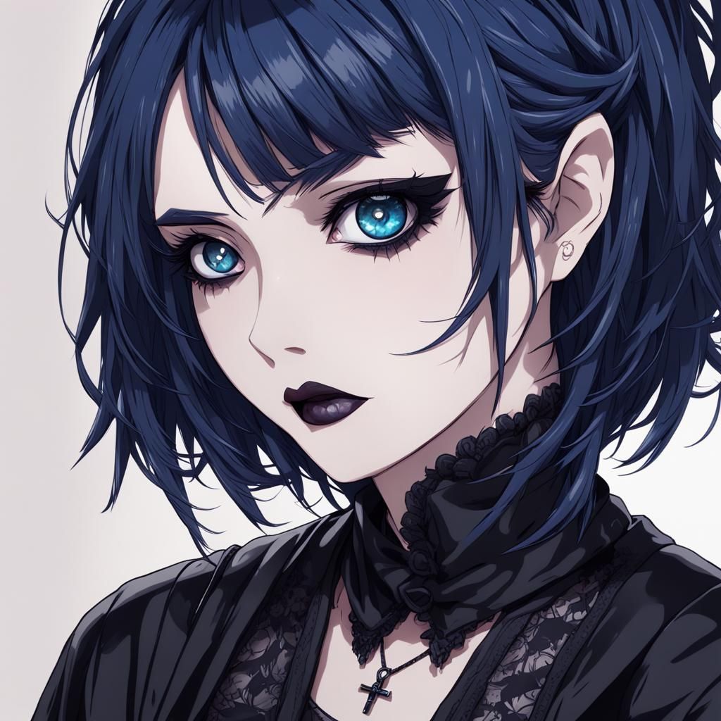 Goth Girl with Dark Blue Hair in Anime Style
