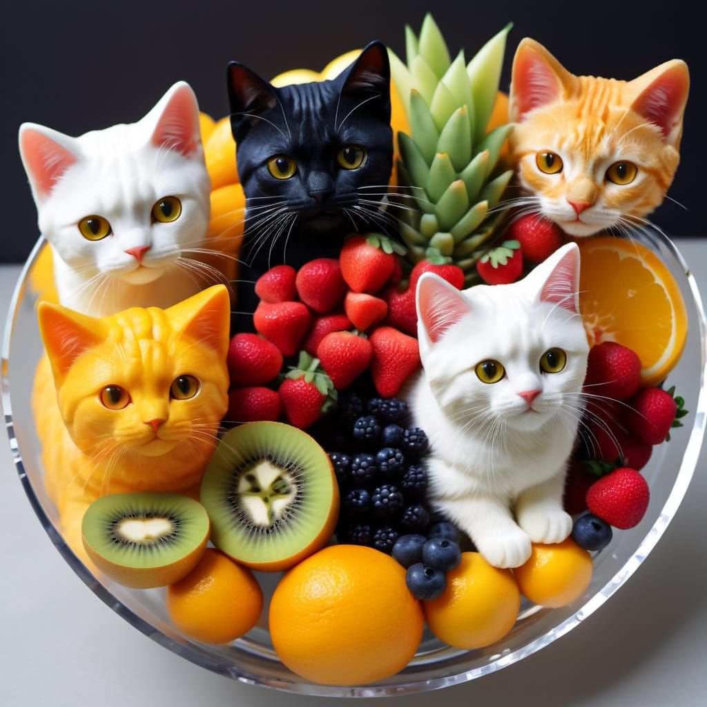 Vibrant Fruity Felines in Crystal Bowl