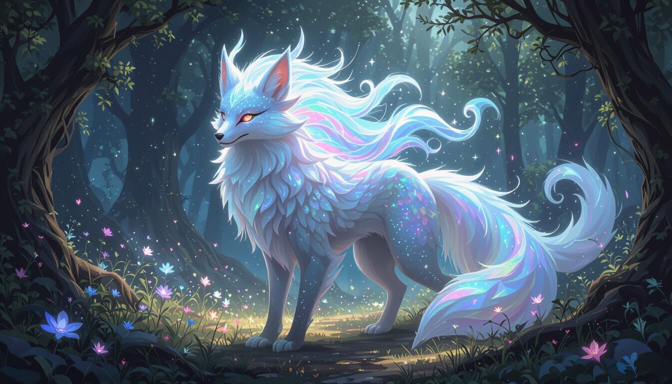 Celestial Fox-Dragon Hybrid in Mystical Forest Clearing