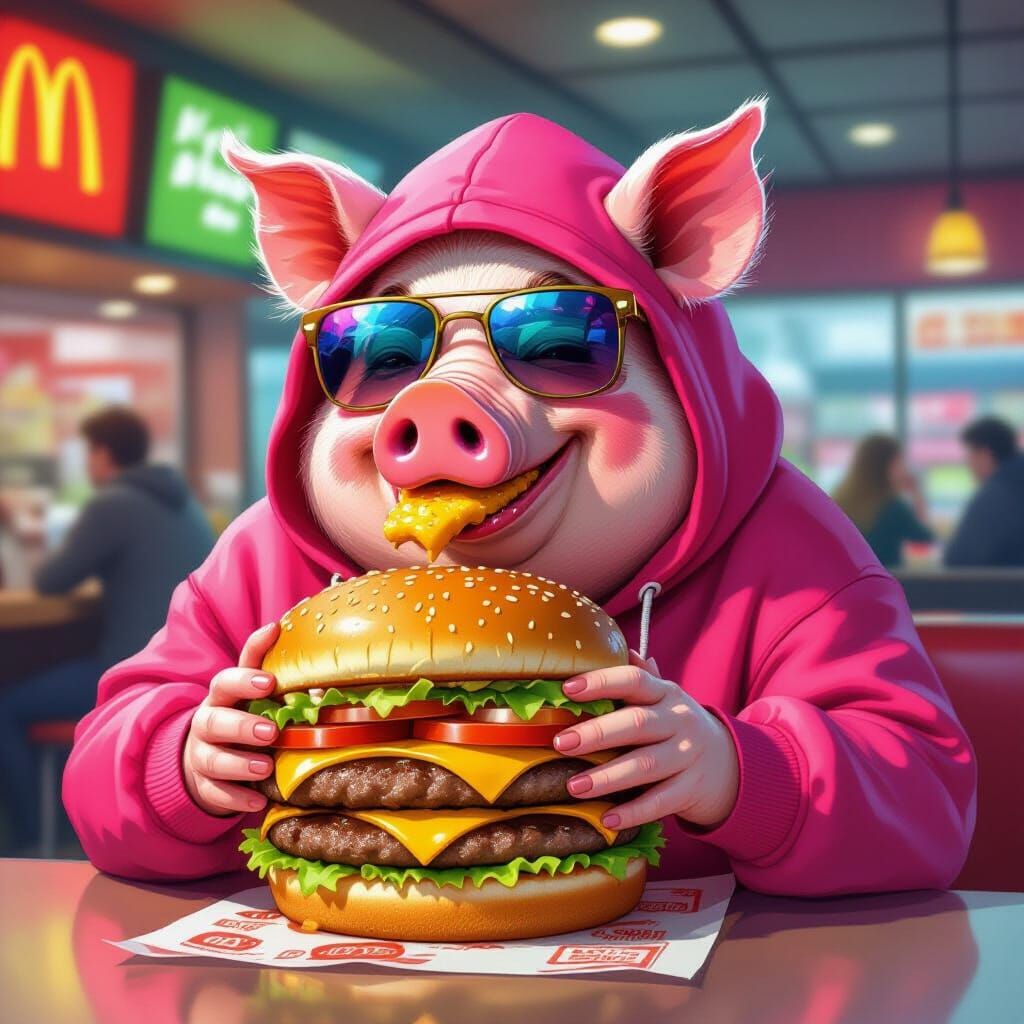 Fat Pig Eats Burger in Stylized Digital Art