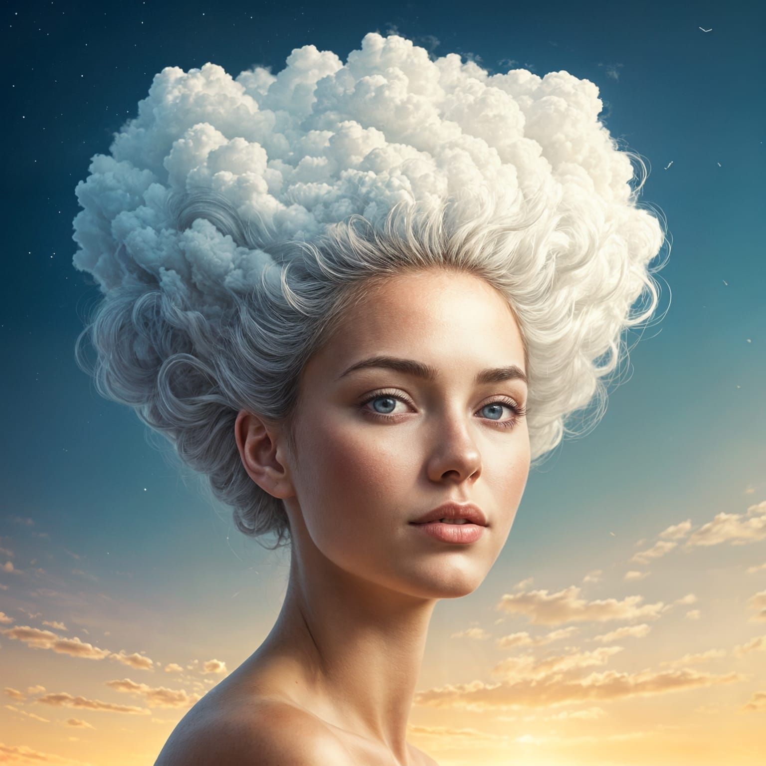 Ethereal Woman with Cloud Hair in Dreamy Sky