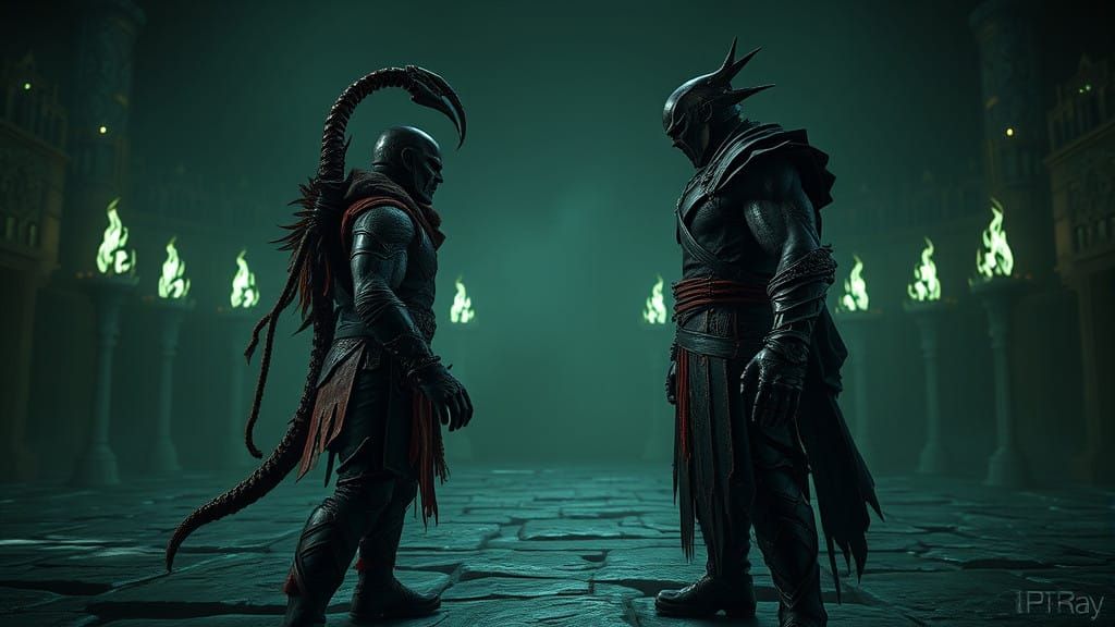 Fighters in Eerie Arena, Tattered Costumes, IMAX-Style Light...