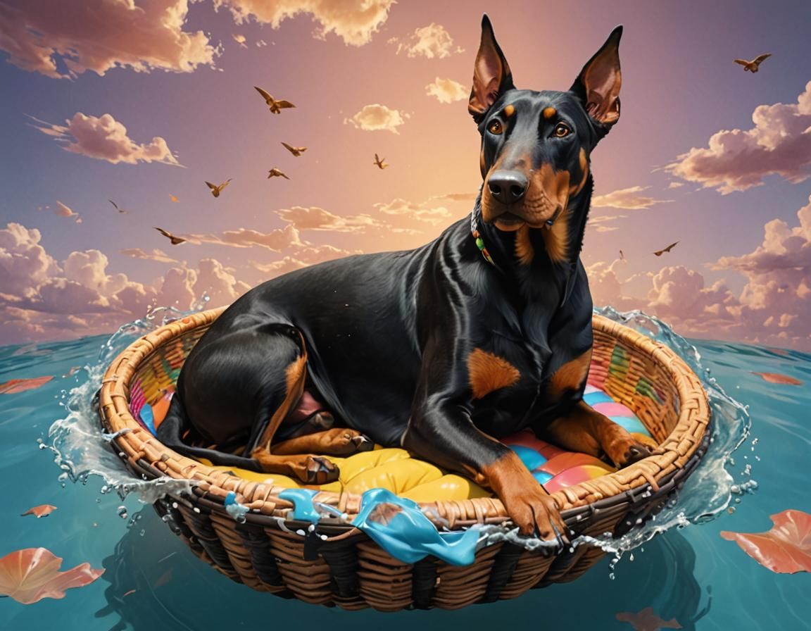 Doberman in Floating Basket, Kawaii Ghibli Style