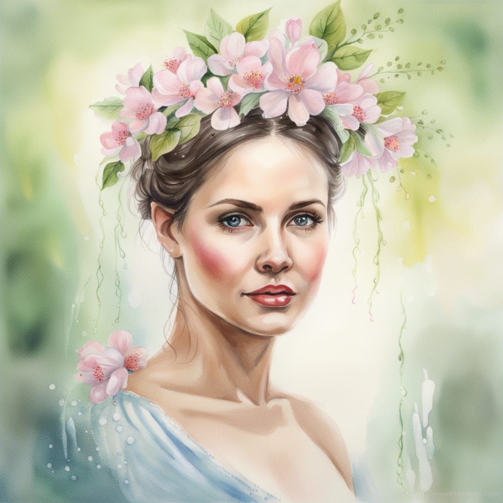 Realistic Watercolor Portrait of Spring Queen