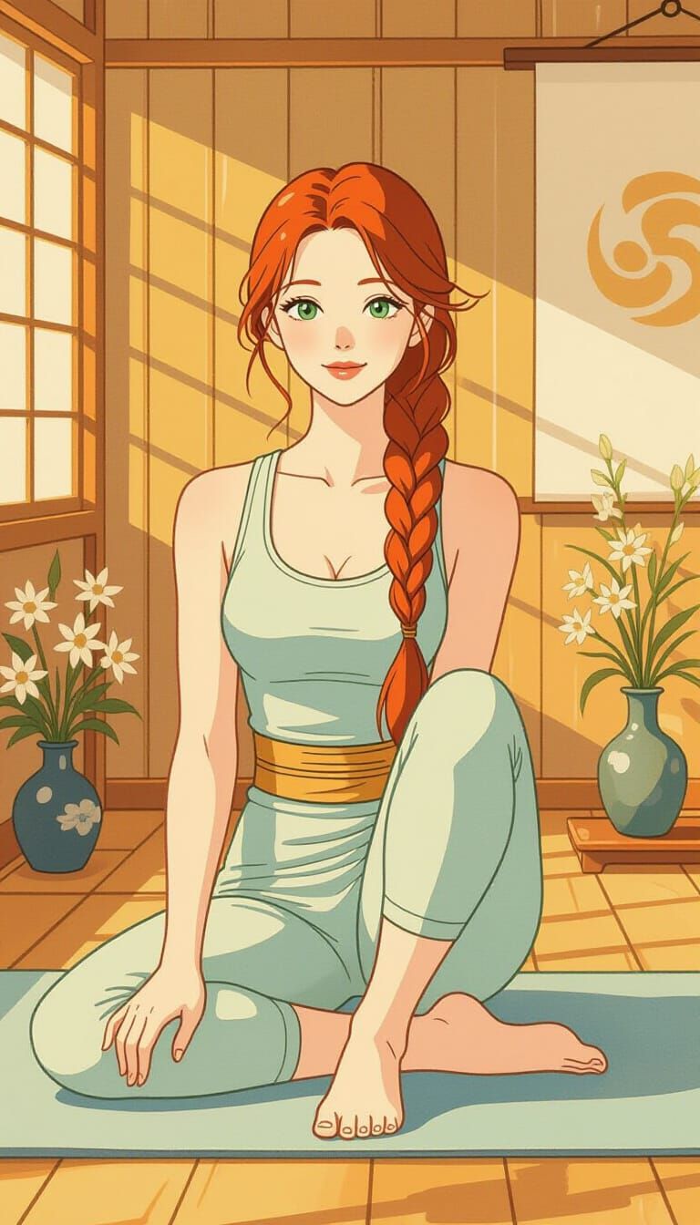 Japanese Woman in Yoga Studio, Minimalist Style