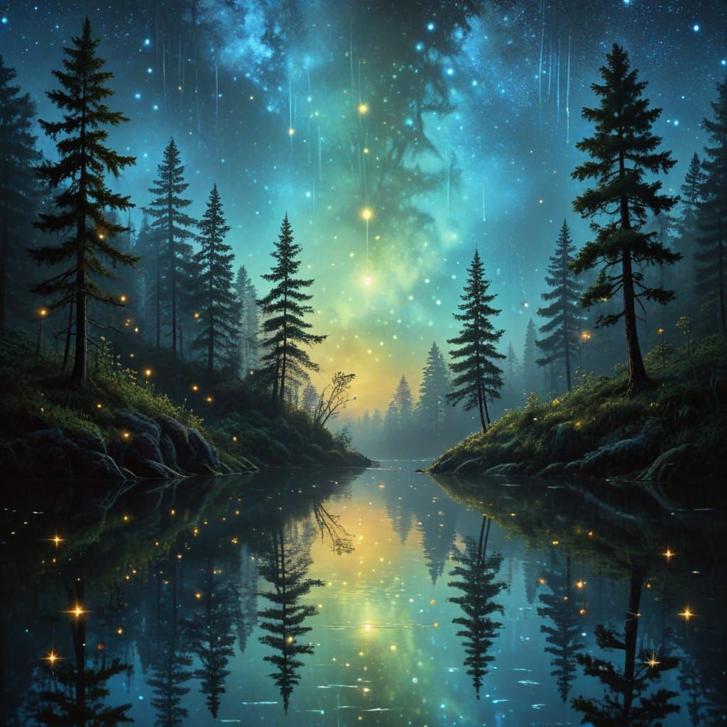 Mysterious Forest Lake With Fireflies in Noctilucent Style