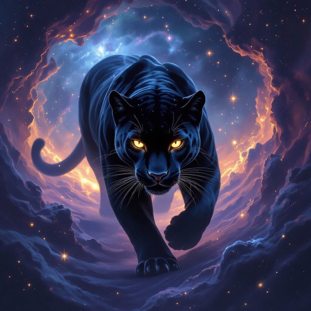 Cosmic Panther with Luminous Golden Eyes in Nebula