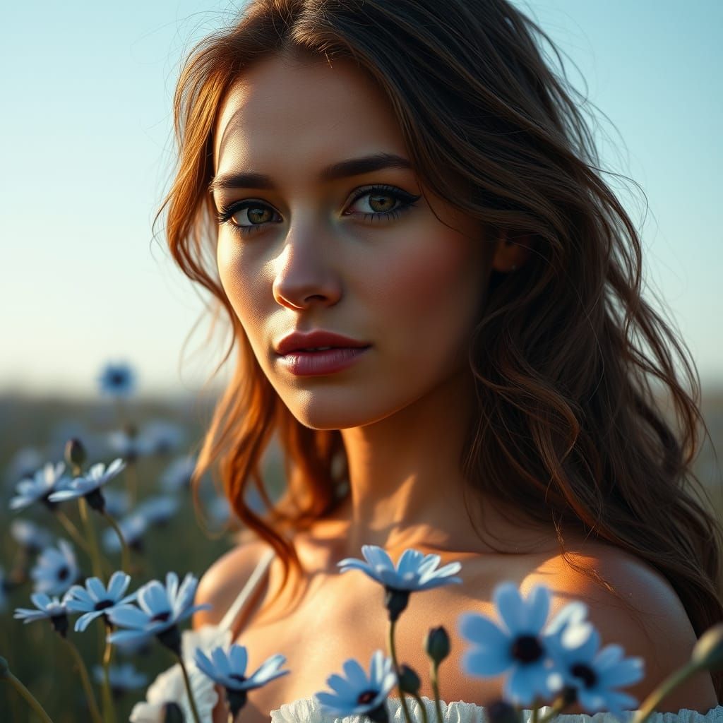 Portrait of a Mixed Heritage Woman in a Field of Cornflowers
