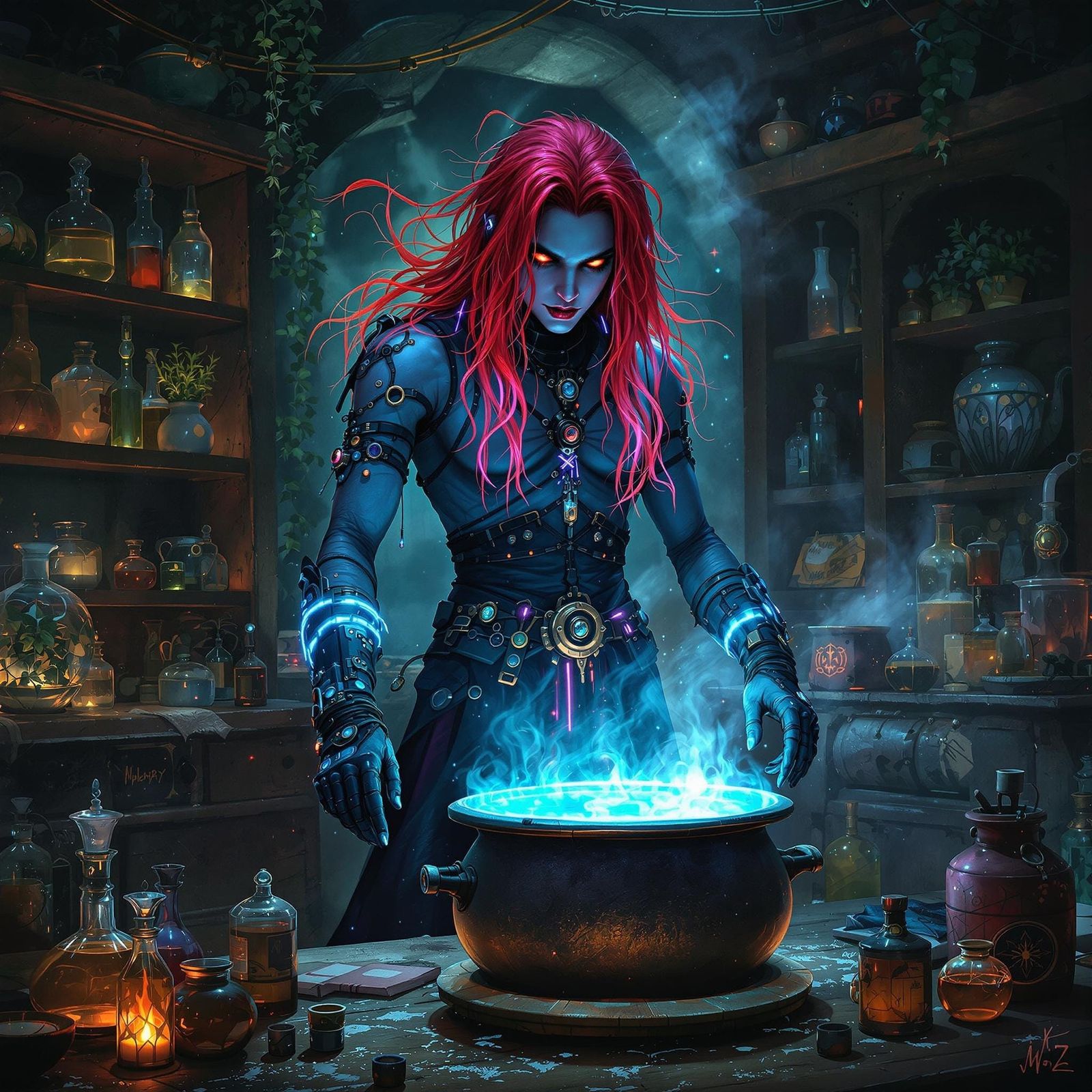 Gothic Alchemist in Steampunk Laboratory