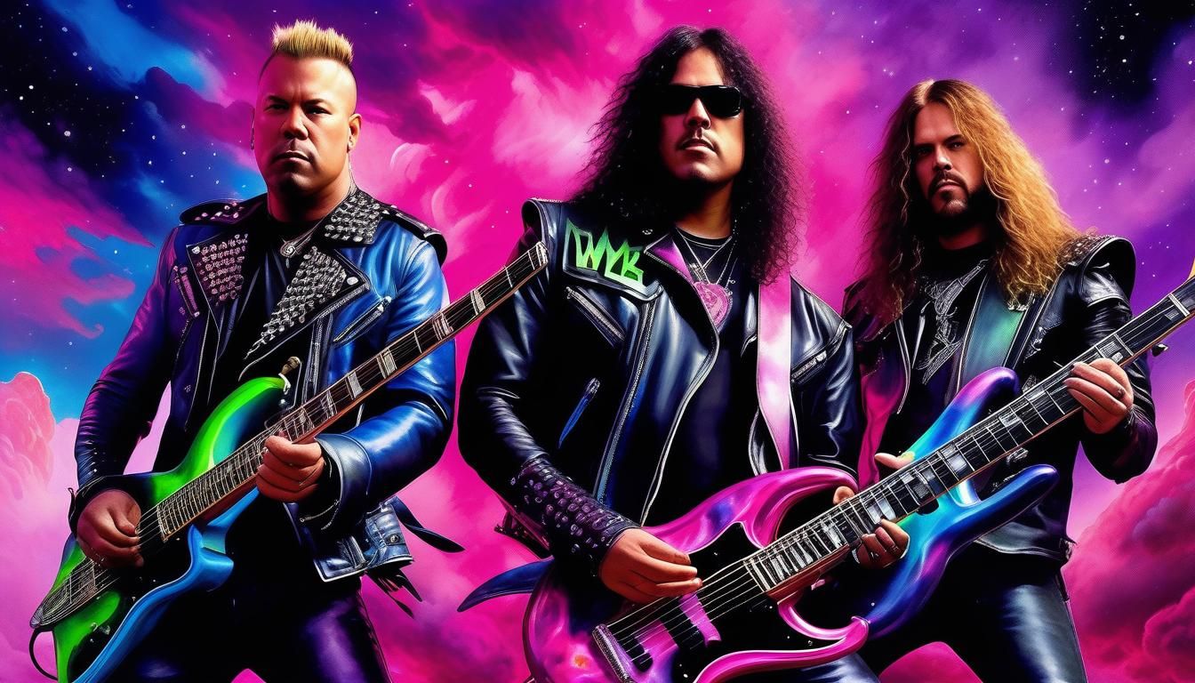 Heavy Metal Band in Cosmic Watercolor Landscape