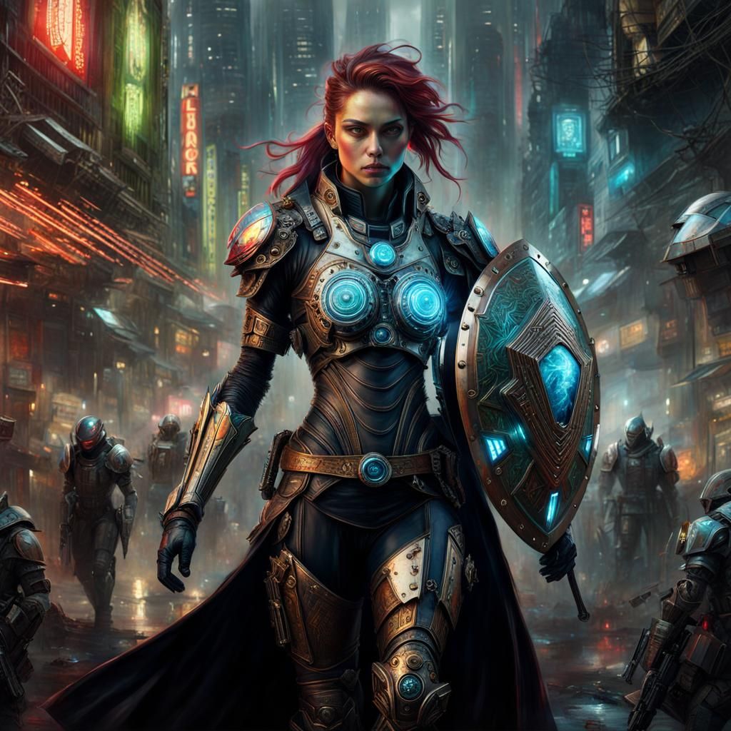 Cyberpunk Alien Warrior with Ornate Shield