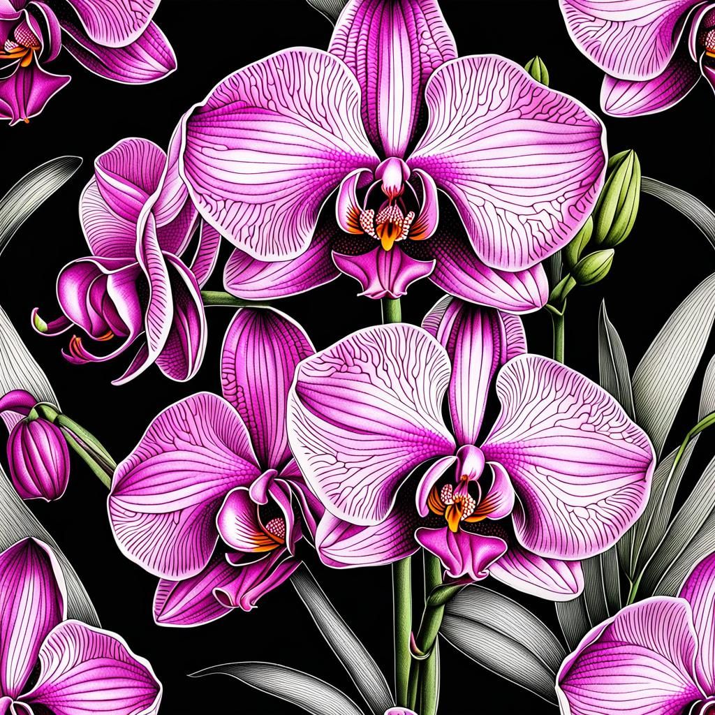 Pink Orchid Botanical Illustration in Ink Line Art