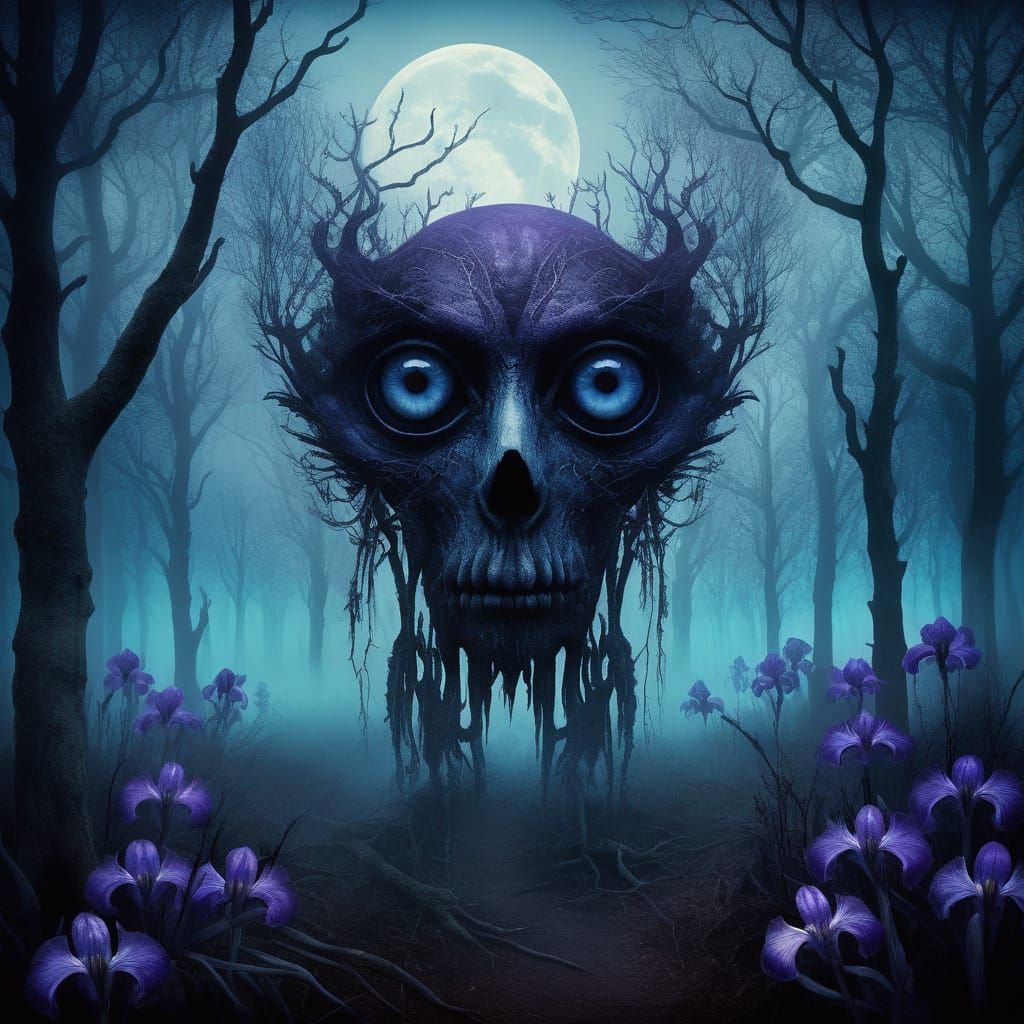 Eerie Eyes in Dark Fantasy Landscape, Gothic Illustration