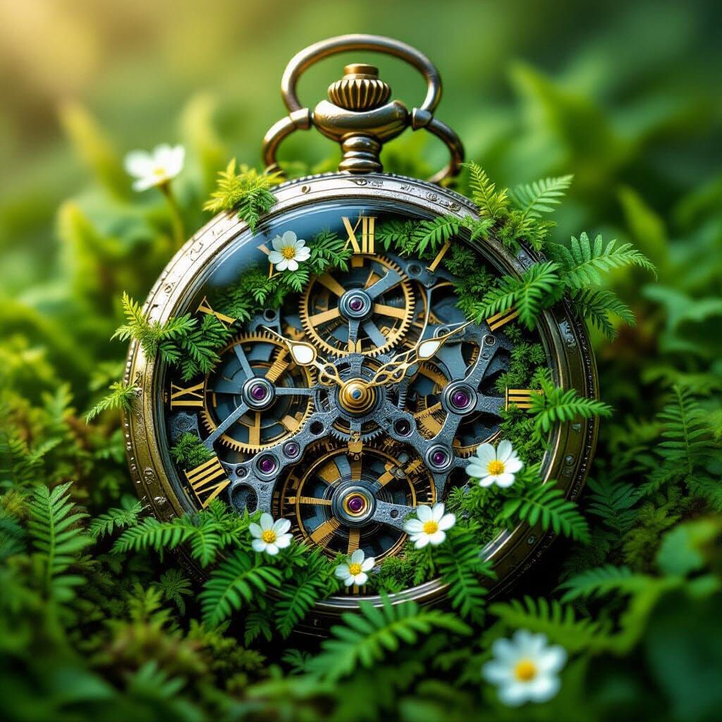 Surreal Pocket Watch Micro-Forest in Hyper-Realistic Detail