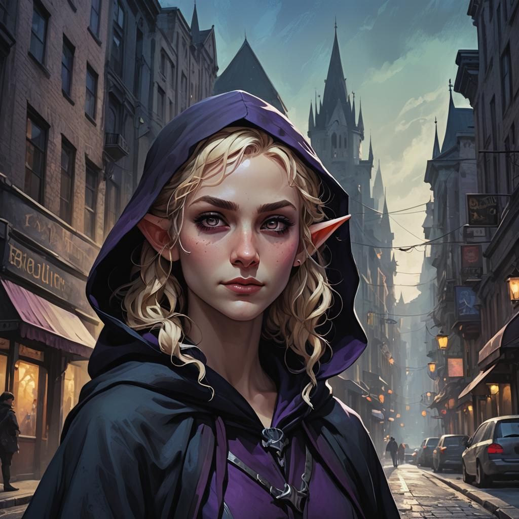 Dark Fantasy Elf in City Street, Digital Painting
