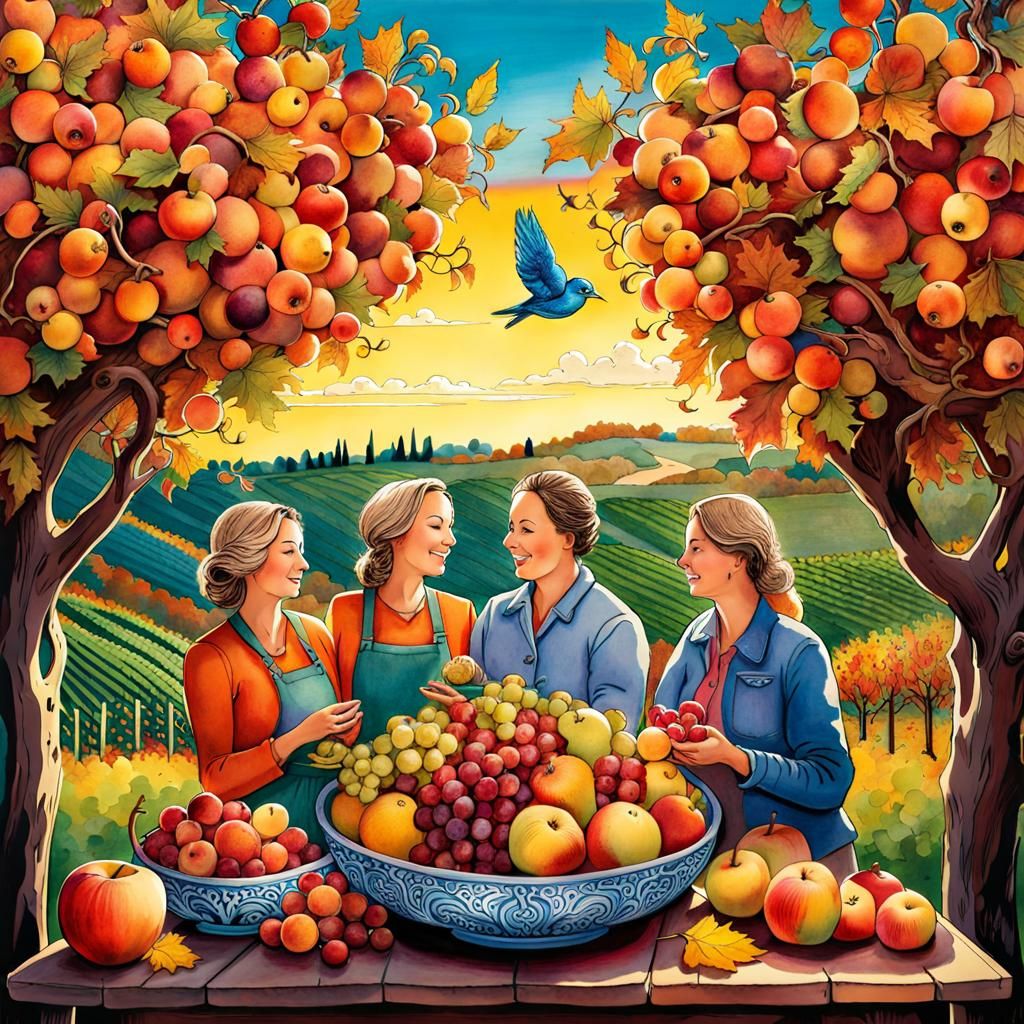 Happy Family's Autumn Harvest in Storybook Illustration