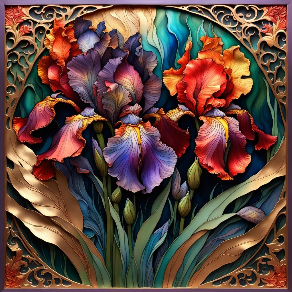 3D Fire Red Irises with Gold Filigree