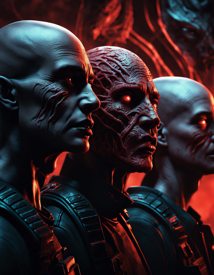 Sci-Fi Horror Faces in Crimson and Shadow