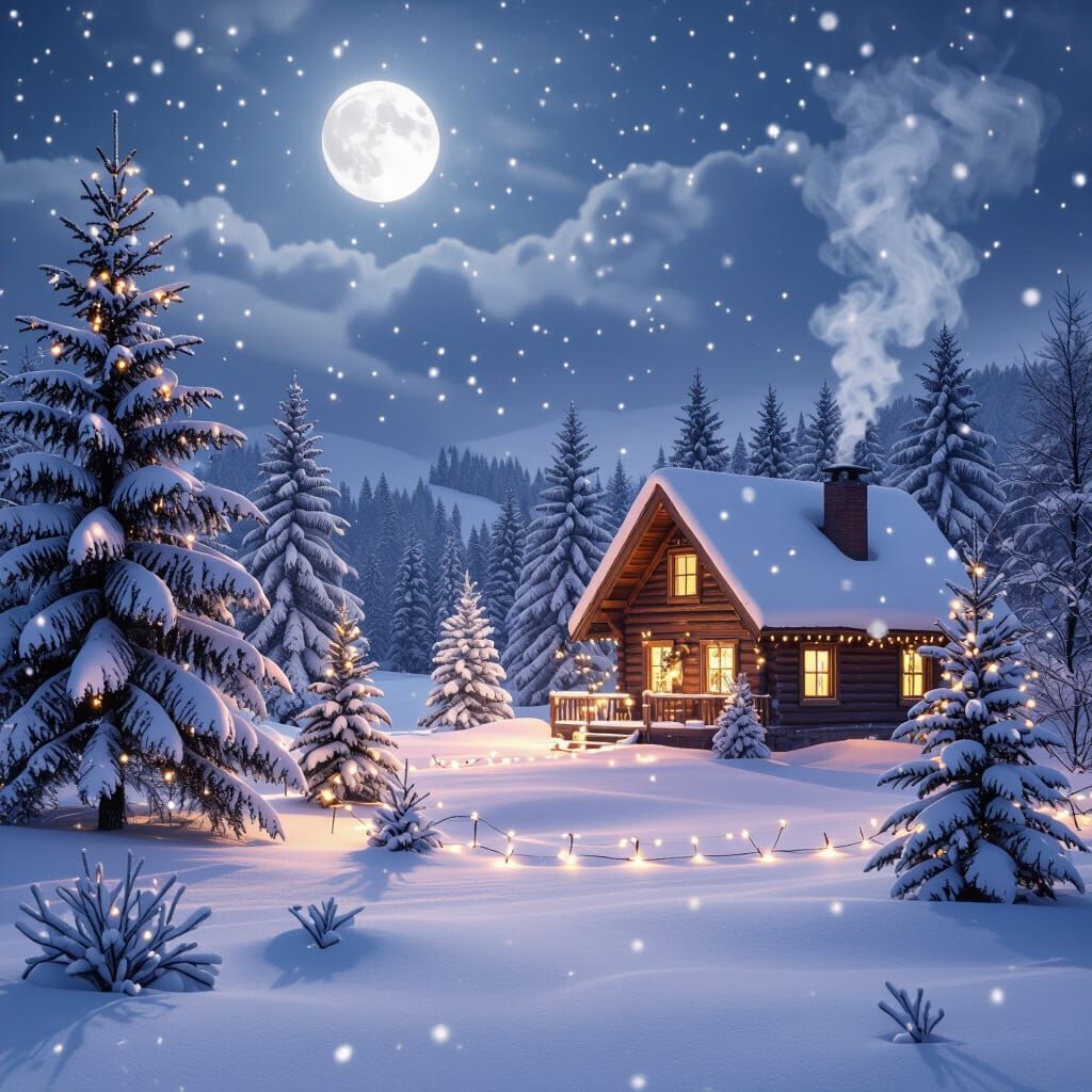 Photorealistic Snowy Cabin Christmas Landscape at Night