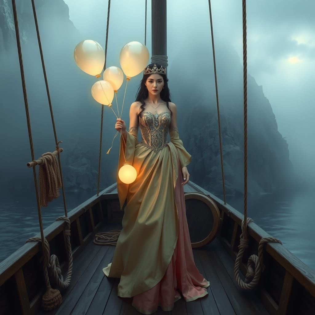Princess on Viking Ship in Misty Fjord