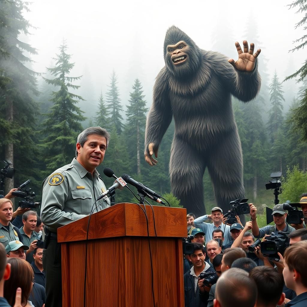 Bigfoot Photobombs Press Conference in Forest