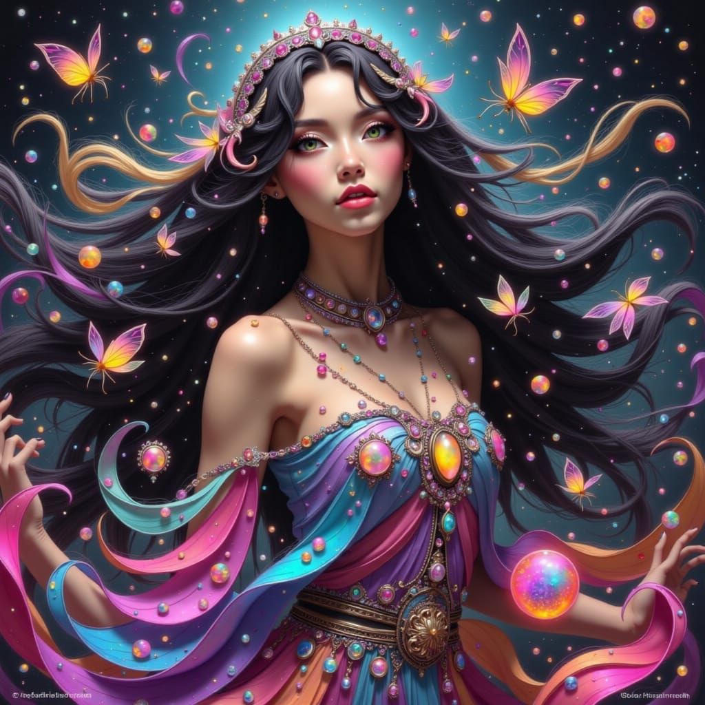 Ethereal Woman with Rainbow Hair, Dreamlike Portrait