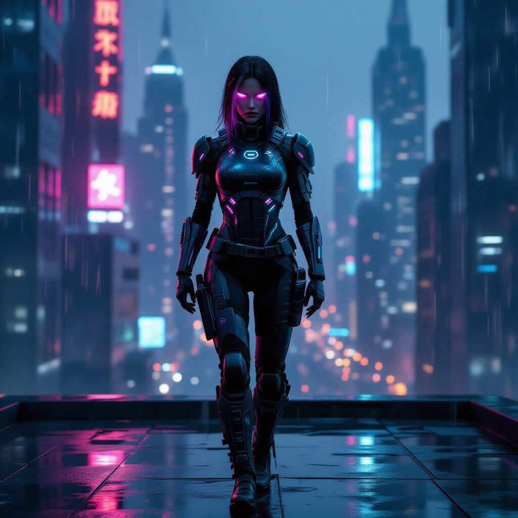 Cyberpunk Warrior on Neon City Rooftop