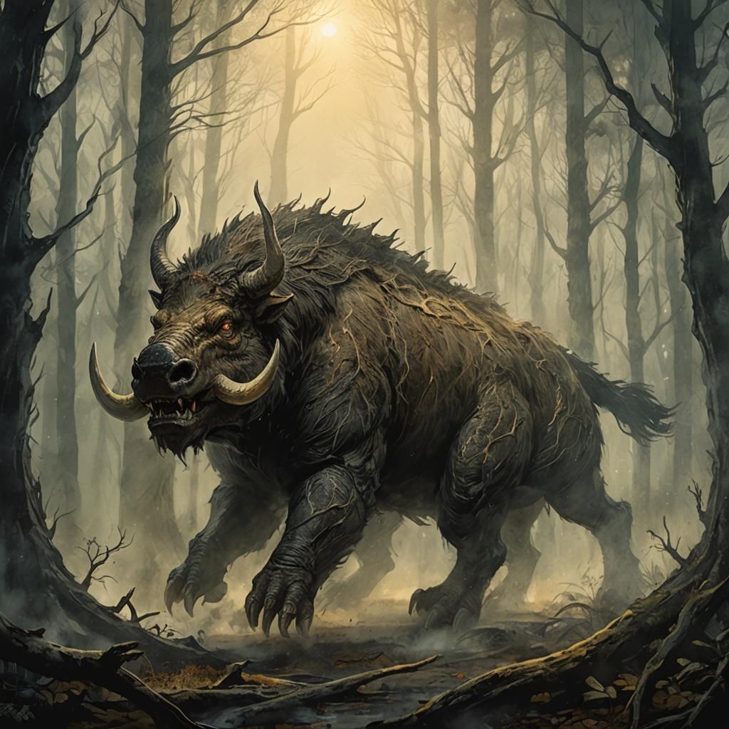 Boar Kaiju in Misty Forest: Watercolor Concept Art