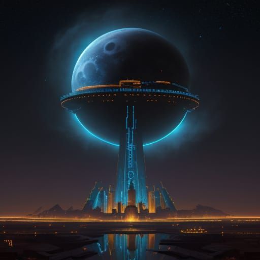 Afro-Futuristic Cityscape with Pyramids and Starships