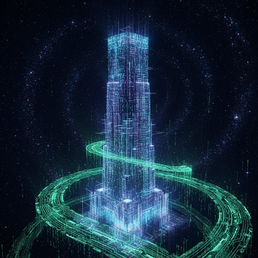 Binary Code Skyscraper in Digital Void