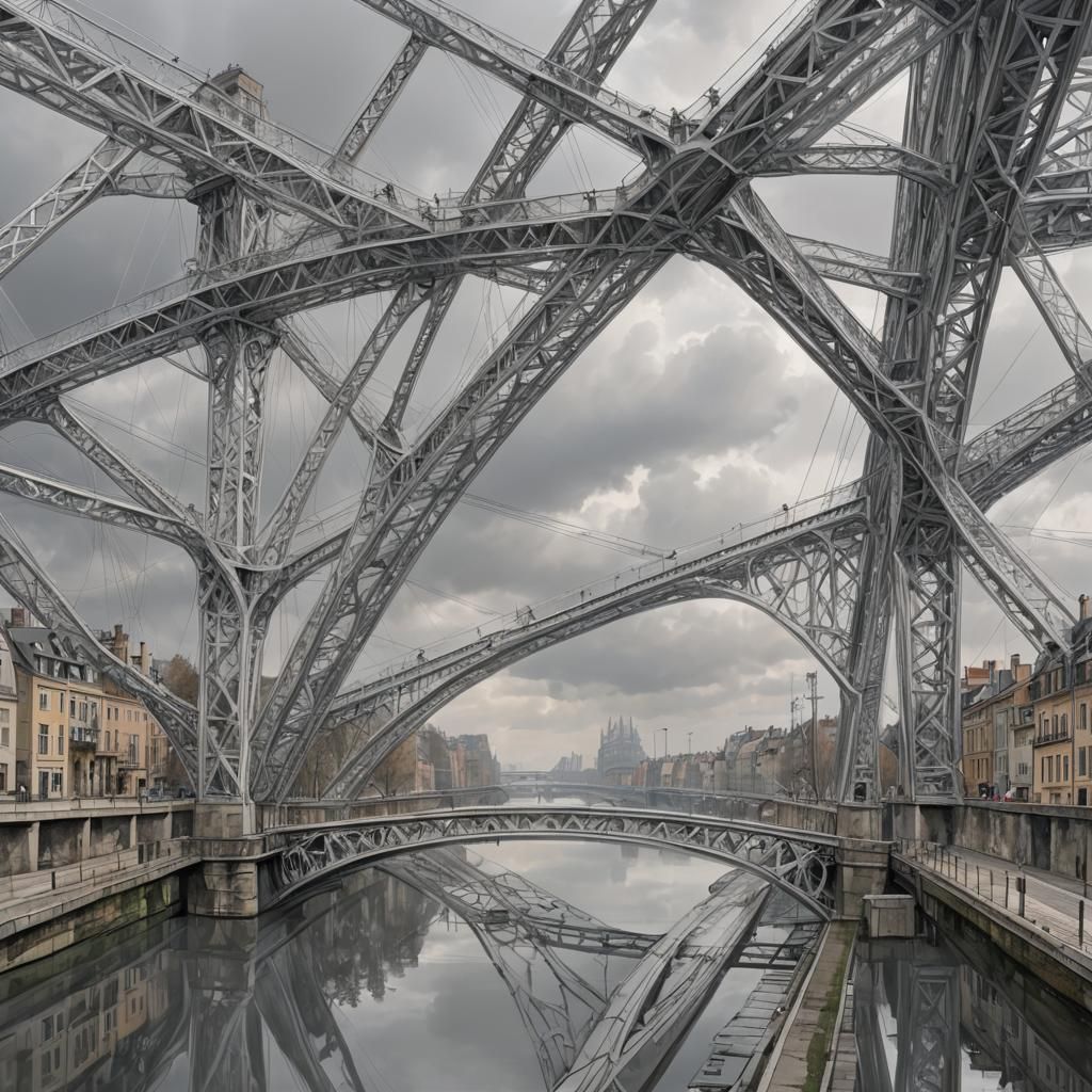 Surreal Bridges Reflected in Canal, Crystal Sky