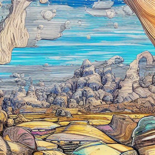 Surreal Desert Masterpiece in Vibrant Beige and Blue Hues