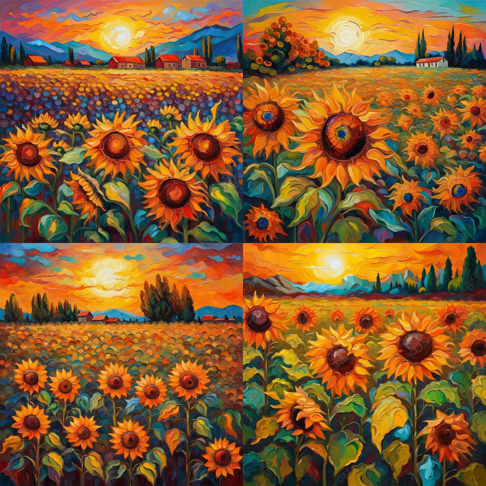 Sunset Over Sunflower Field: Expressionist Oil Painting