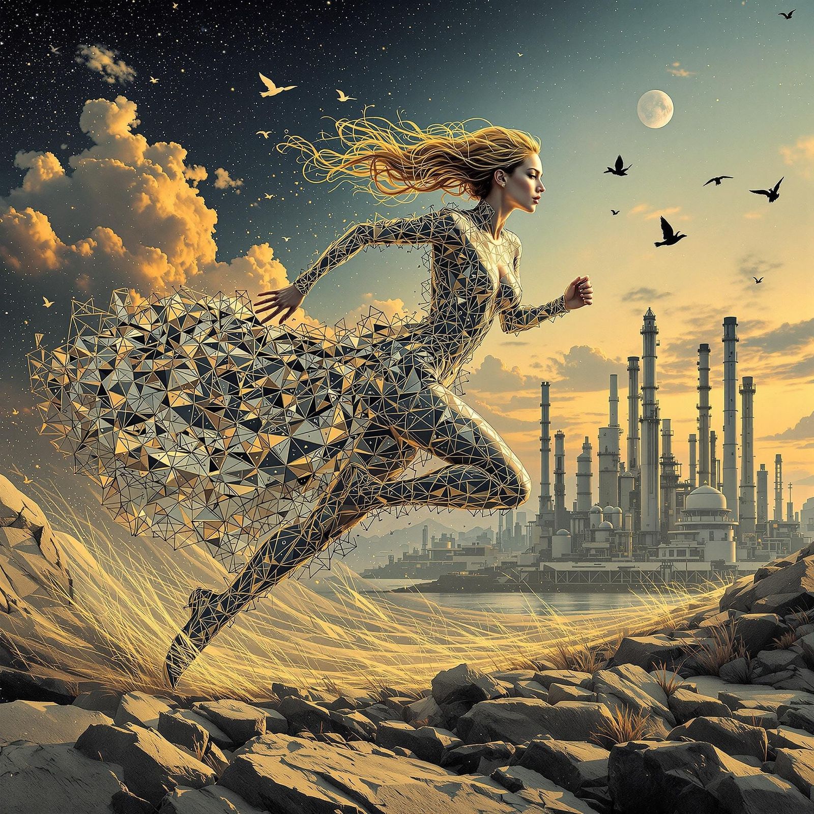 Futuristic Running Woman in Constructivist Geometric Style