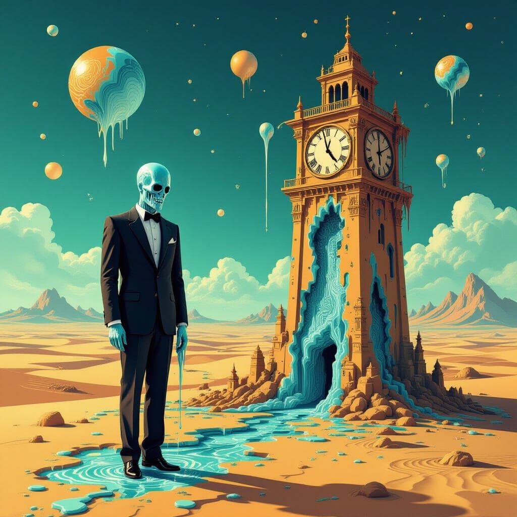 Surreal Melting Man in Dreamlike Landscape