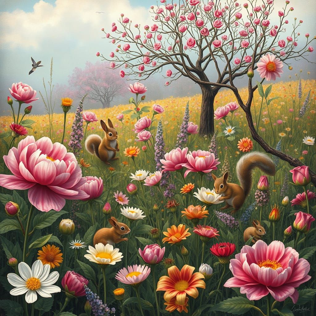 Whimsical Flower Field Tapestry in Surreal Style