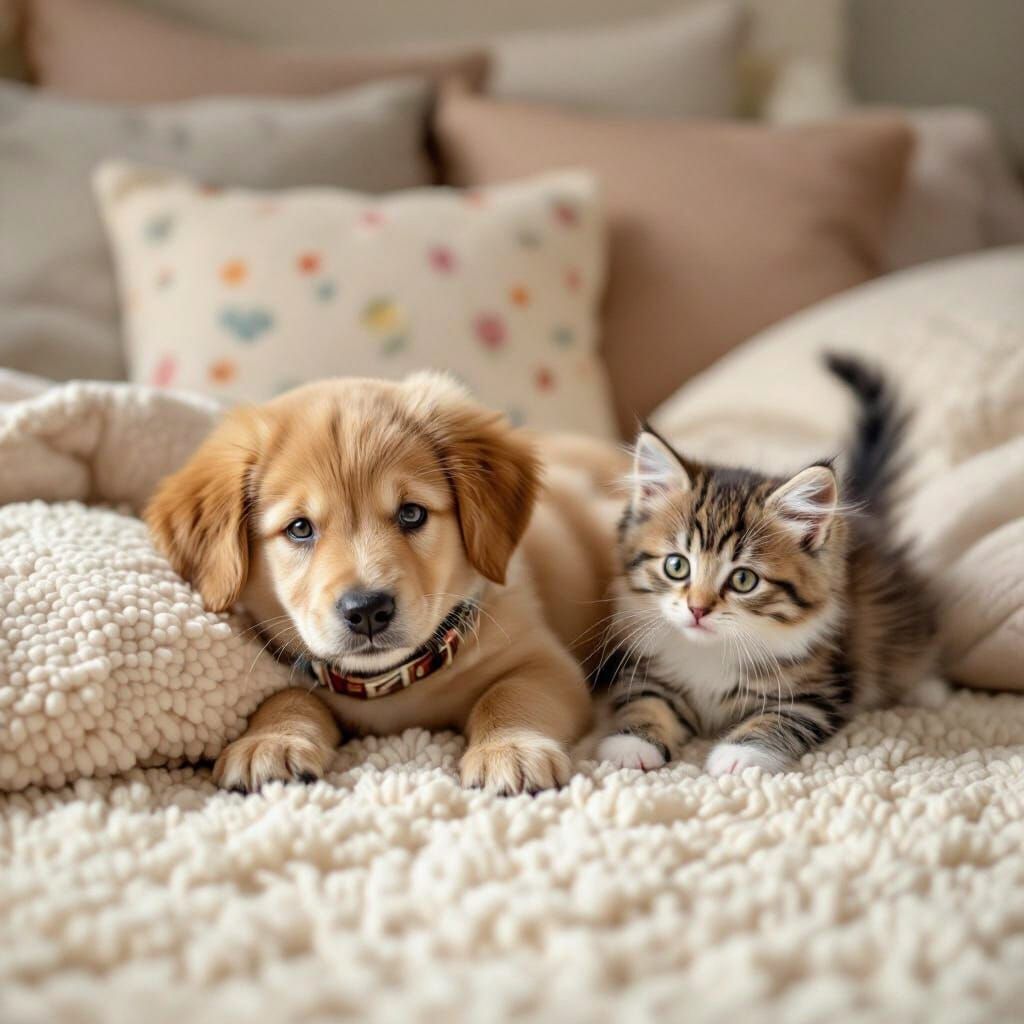 Sleepy Puppy and Playful Kitten in Whimsical Illustration