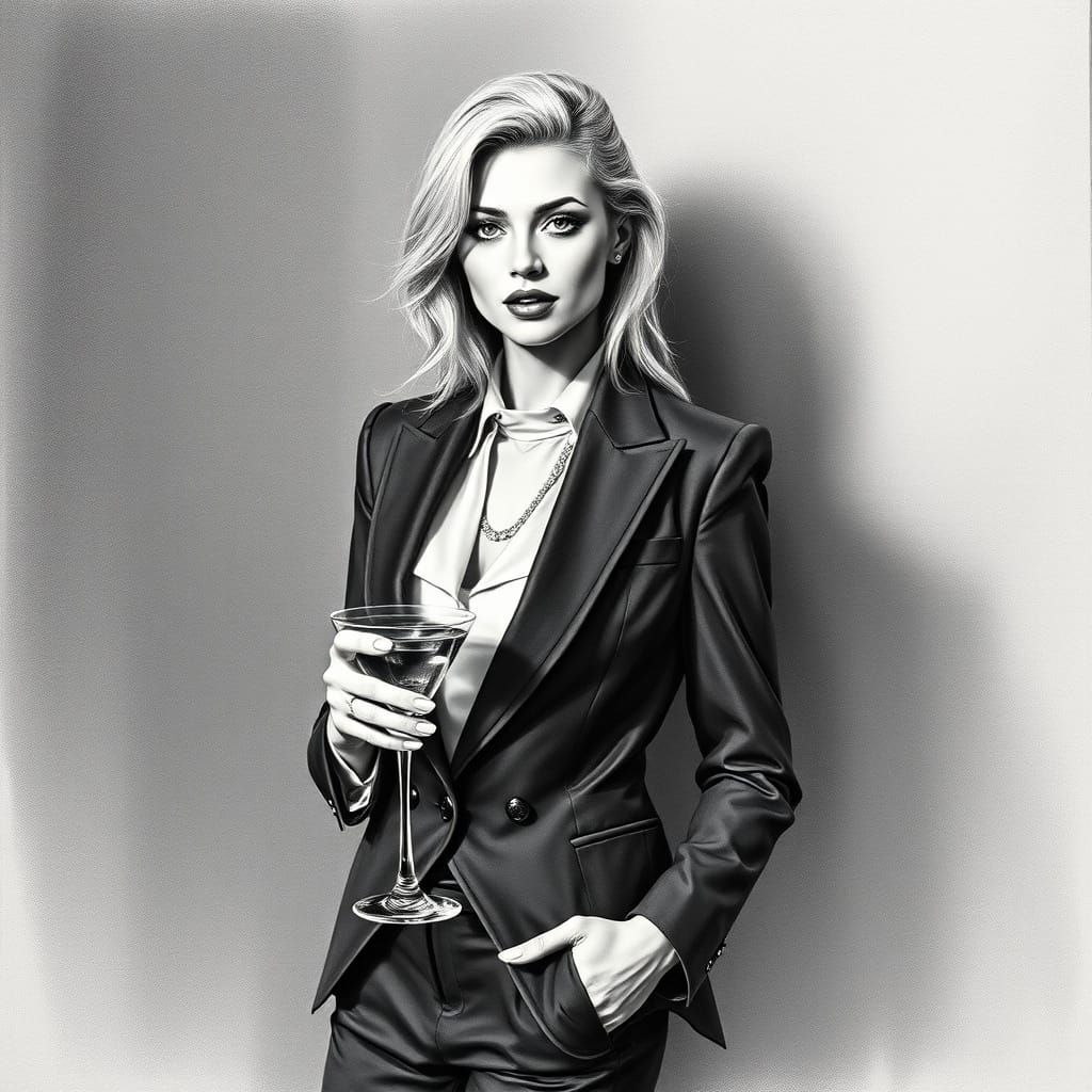 Elegant Woman in Pantsuit: Charcoal Drawing in Black and Whi...