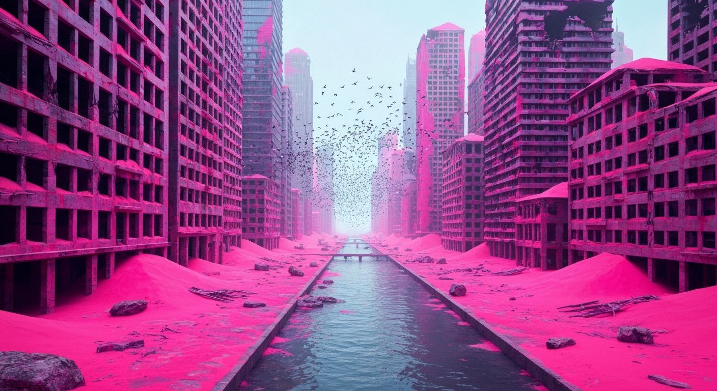 Post-Apocalyptic City Canyon With Pink Sand and Bird Flock
