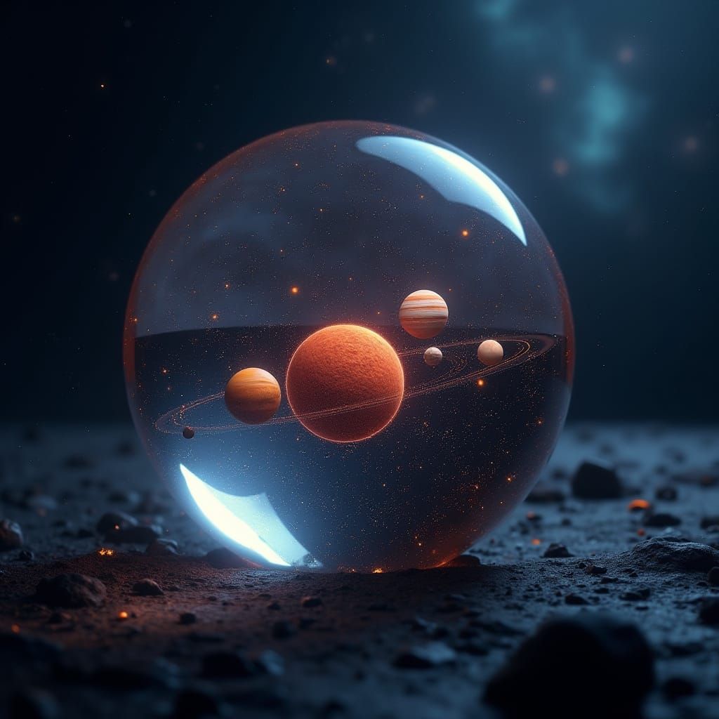 Solar System Encased in Glass Sphere in Cosmic Display