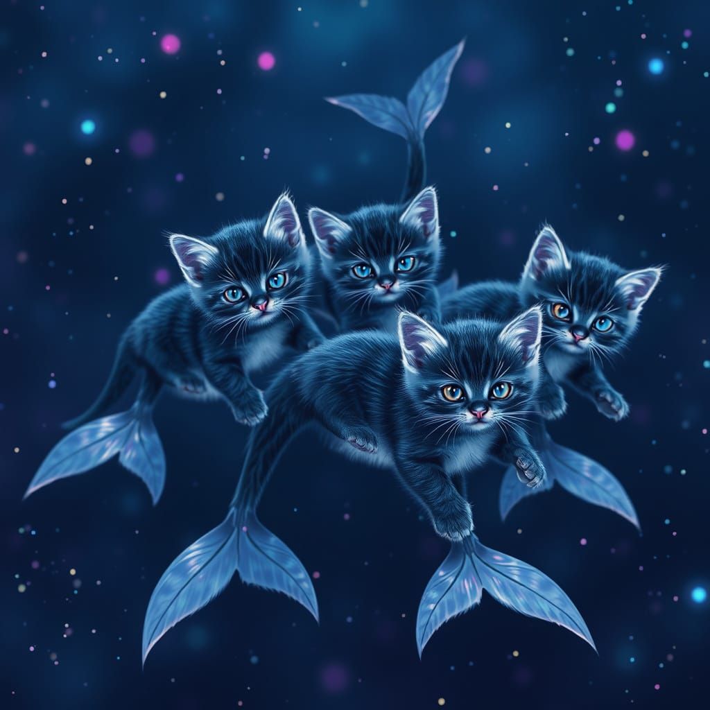 Dreamlike Mer-Kittens Swim in Magical Night Ocean