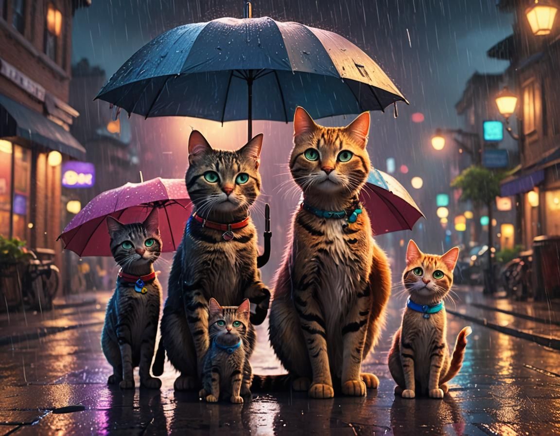 Cat Family in Rainy Street: Pixar-Style CGI