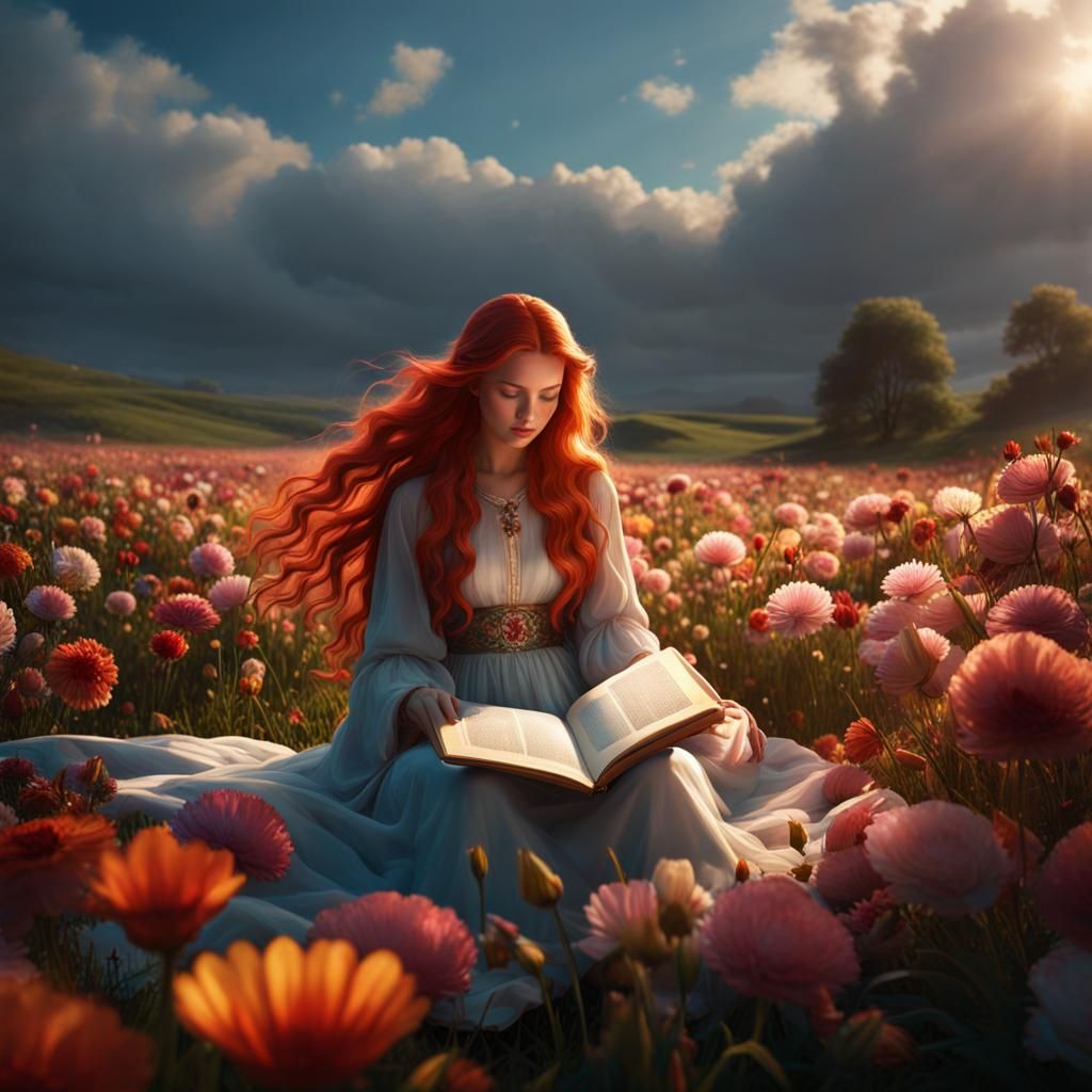Girl Reading in Pastel Flower Field, Fantasy Art