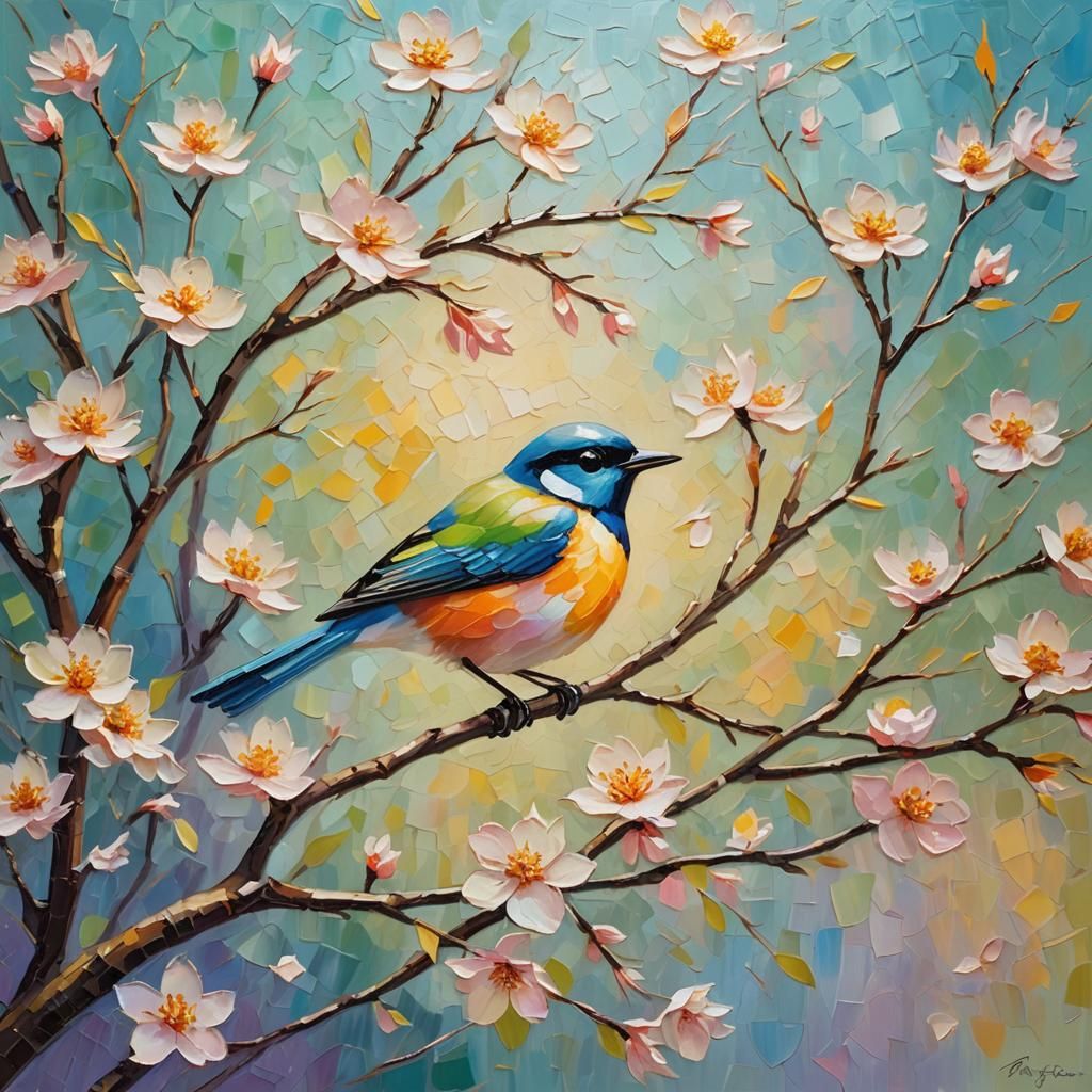 Blossom Bird in Neo-Impressionist Oil Painting