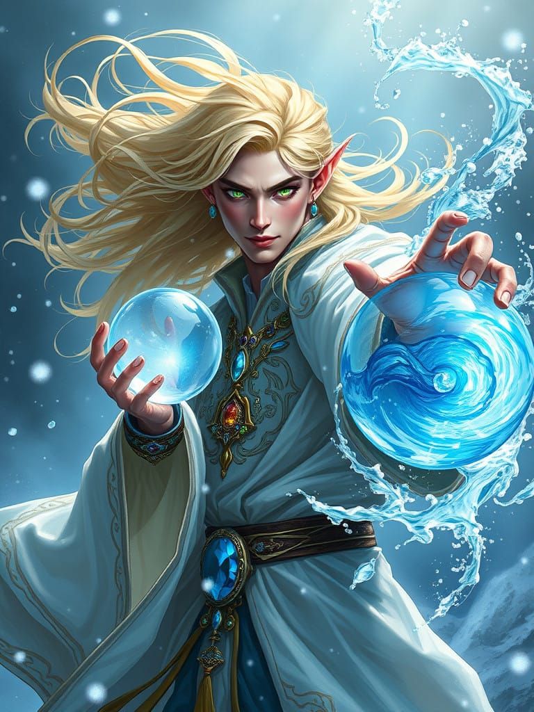 Elegant Golden Elf Wizard Conjures Water Sphere