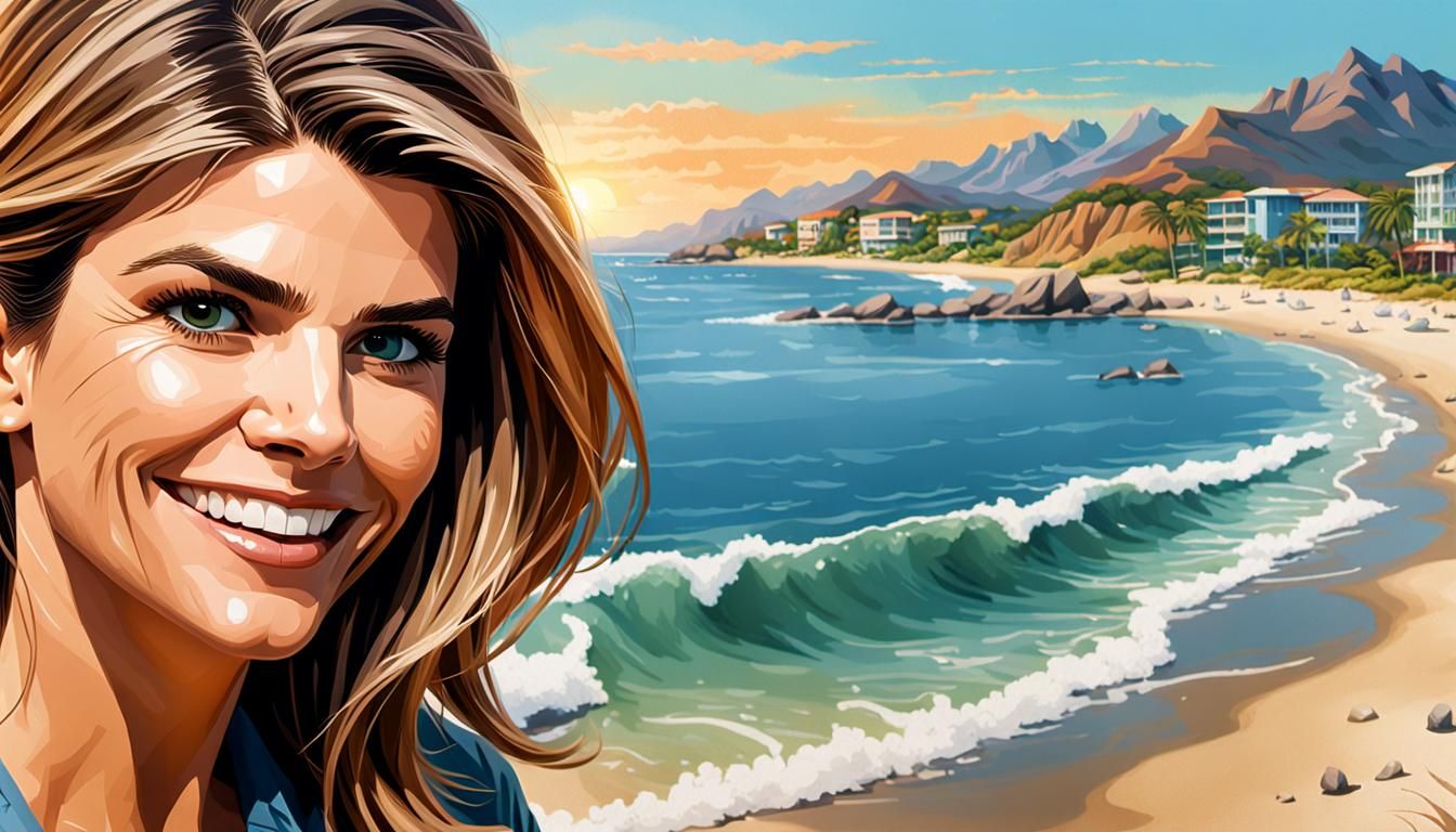 Young Woman Smiling on Beach in Hyperrealistic Style