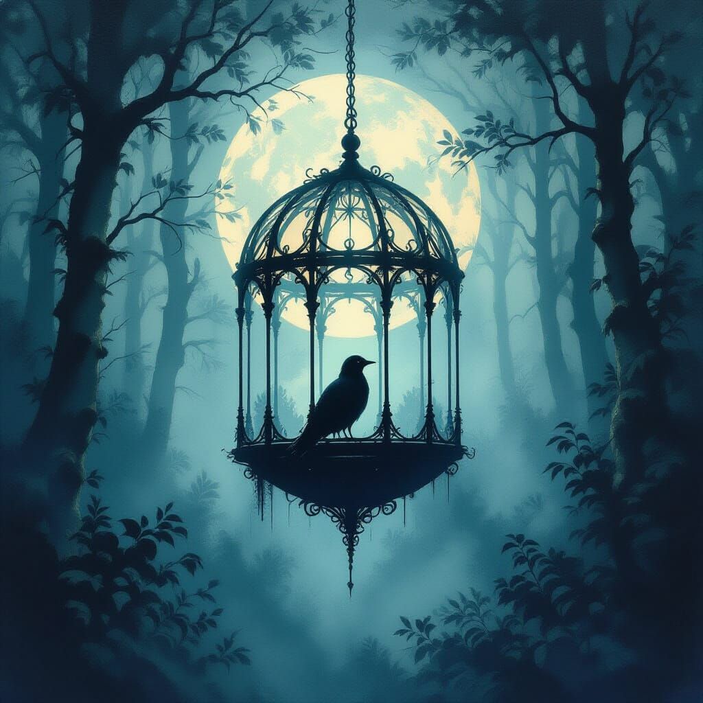 Ethereal Birdcage in Dreamlike Forest