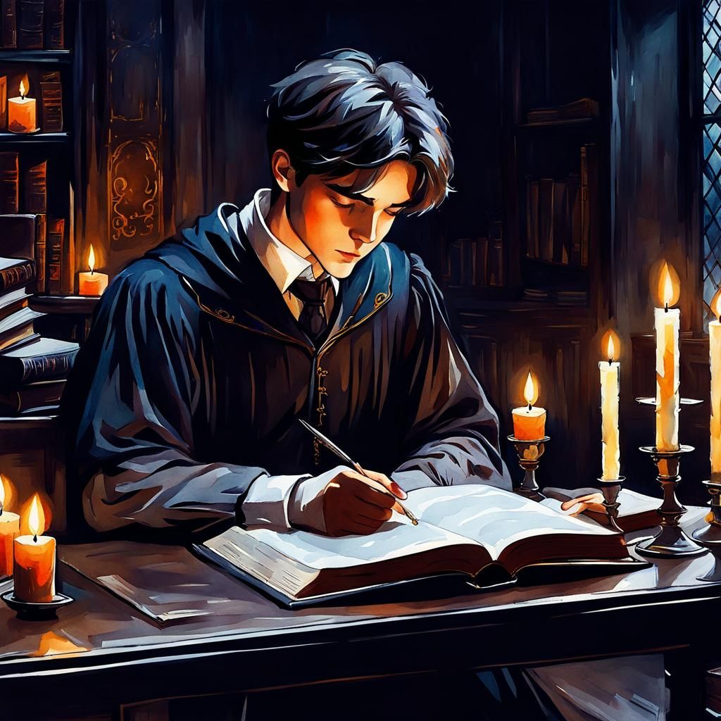 Gloomy Boy Scholar Reading: Waterhouse-Inspired Watercolor